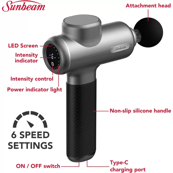 Sunbeam Ultra Percussive Massage Device Powerful Handheld Deep Tissue Massage Gun Body Neck Back Pain Relief Muscle Massager 4 Attachment Heads 6 Speeds Digital Touchscreen 6 Hour BatteryUltra