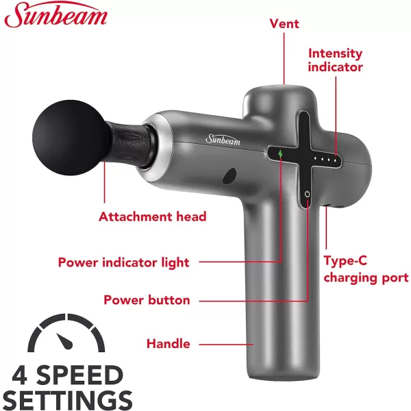 Sunbeam Ultra Percussive Massage Device Powerful Handheld Deep Tissue Massage Gun Body Neck Back Pain Relief Muscle Massager 4 Attachment Heads 6 Speeds Digital Touchscreen 6 Hour BatteryCompact