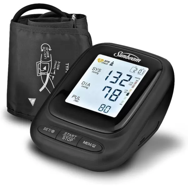 Sunbeam Easy amp Accurate Upper Arm Blood Pressure Monitor at Home Health Comfortable amp Adjustable Cuff Large Simple to Read Backlit Display Batteries IncludedStandard