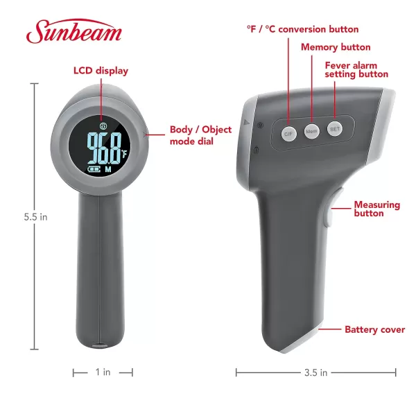 Sunbeam Touchless Digital Infrared Forehead Thermometer Body and Object Modes Instant and Accurate for Adults and Kids Audio Fever Warning Recalls Last 10 Readings