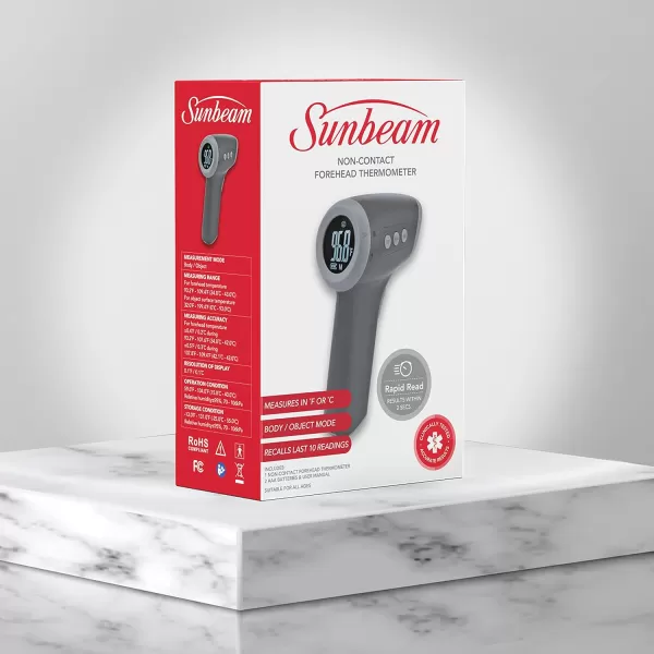 Sunbeam Touchless Digital Infrared Forehead Thermometer Body and Object Modes Instant and Accurate for Adults and Kids Audio Fever Warning Recalls Last 10 Readings