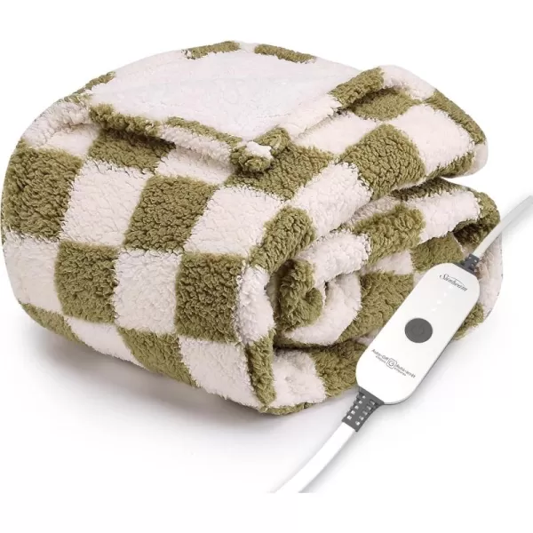 imageSunbeam Royal Sherpa Foot Pocket Heated Throw Electric Blanket 50quot x 60quot 4 Heat Settings 4Hour Auto ShutOff Warming Throw for Couch or Bed Fast Heating Machine Washable GreySage Checkerboard