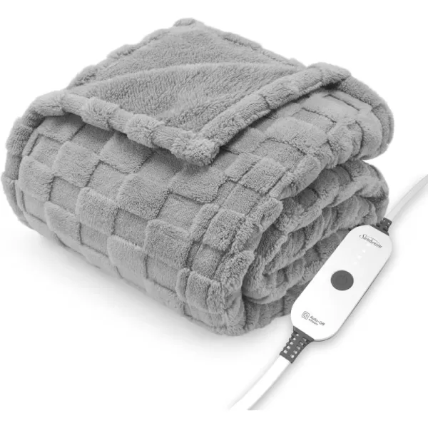 imageSunbeam Royal Sherpa Foot Pocket Heated Throw Electric Blanket 50quot x 60quot 4 Heat Settings 4Hour Auto ShutOff Warming Throw for Couch or Bed Fast Heating Machine Washable GreySlate Grey