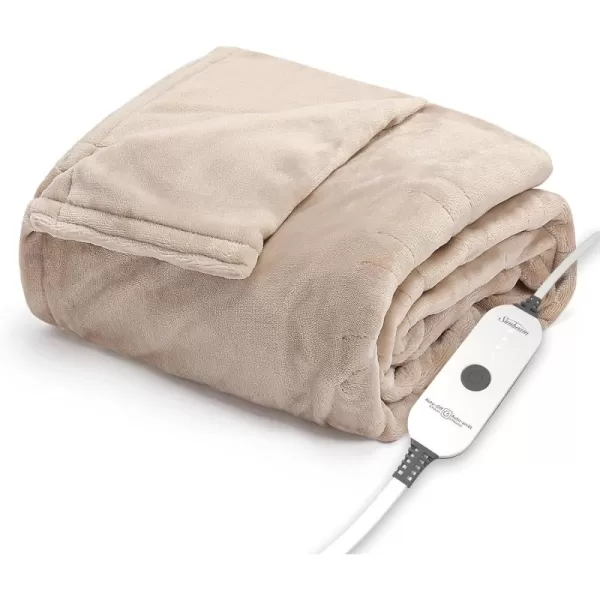 imageSunbeam Royal Posh Velvet Heated Throw Electric Blanket 50quot x 60quot 4 Heat Settings 4Hour Auto ShutOff Warming Throw for Couch Fast Heating Machine Washable Warm and Cozy Rain Storm BlueStone Buff