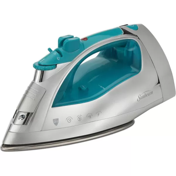 imageSunbeam Steammaster 1400 Watt Iron with 8 Retractable Cord Large AntiDrip Nonstick Stainless Steel Soleplate Horizontal or Vertical Shot of Steam and 3Way Auto ShutOff ChromeTealChromeTeal