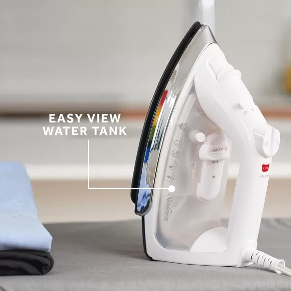 imageSunbeam Compact Steam Iron 1200 Watts NonStick Soleplate Powerful Shot of Steam Horizontal or Vertical Spray Mist Precision Tip WhiteBlueWhite