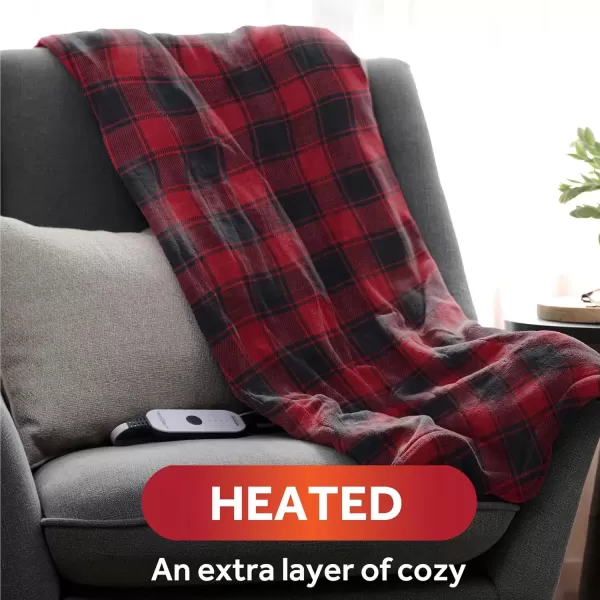 imageSunbeam Electric Throw Royal Luxe Microplush Heated Blanket 4 Heat Settings 4Hour Auto ShutOff Fast Heating Warm and Cozy Peyote Color 50quot x 60quotRed Black Buffalo Plaid