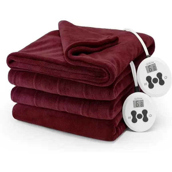 imageSunbeam Electric Throw Royal Luxe Microplush Heated Blanket 4 Heat Settings 4Hour Auto ShutOff Fast Heating Warm and Cozy Peyote Color 50quot x 60quotDark Cherry