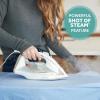 imageSunbeam 1700W Steam Iron 8 Retractable Cord Variable Temperature Select NonStick Soleplate Dual Spray Mist Horizontal or Vertical Shot of Steam Feature 3Way AutoOff Blue and Whiteregular