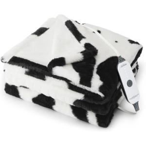 imageSunbeam Electric Heated Throw Blanket Royal Faux Fur Fast Heating 4 Heat Settings 4Hour Auto ShutOff Rich and Ultra Silky Cow Print 50quot  60quot