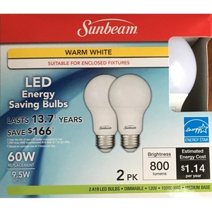 image:imageSunbeam 60W LED DIMMABLE A19 Light 2 PACK ENERGY STAR 800 Lumens 3000K WARM WHITE 95 Watt 60 Replacement  Equivalent