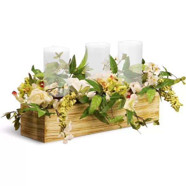 National Tree 22 Inch Spring 3 Candleholder Wood Box with Mixed Flowers and Berries RASBE030146BClear