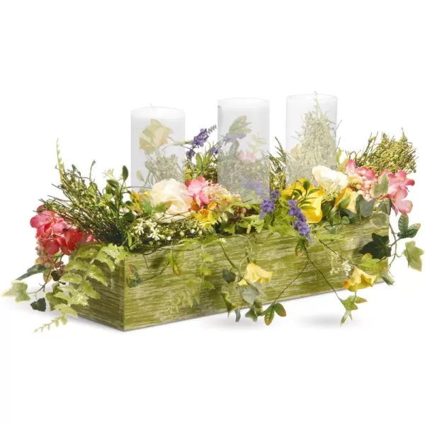 National Tree 22 Inch Spring 3 Candleholder Wood Box with Mixed Flowers and Berries RASBE030146BGreen