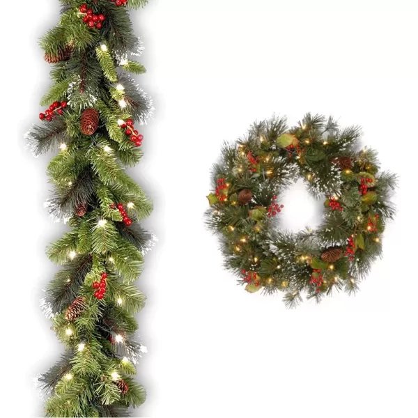 National Tree Company PreLit Artificial Christmas Garland and Wreath Bundle Green Crestwood Spruce White LightsBattery Operated