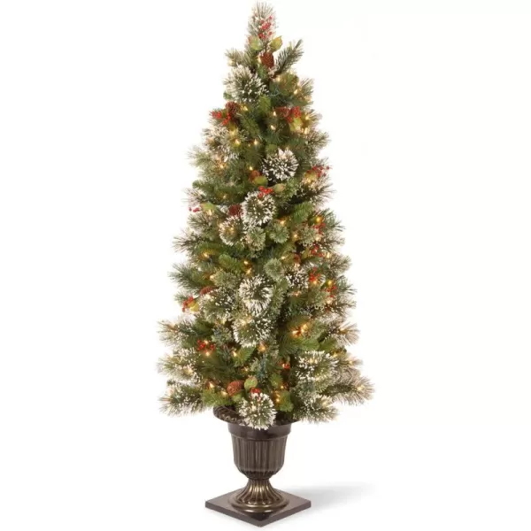 National Tree 26 Inch Wintry Pine Porch Bush with Red Berries Cones and 50 Clear Lights in Decorative Urn WP130024P5 ft