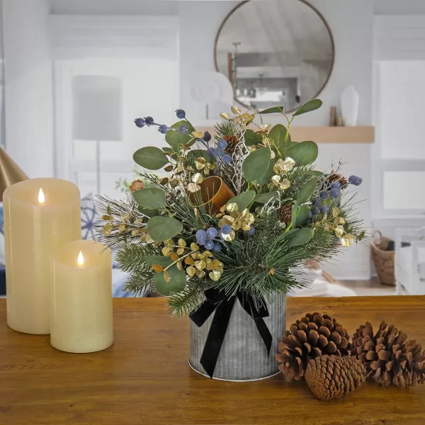 HGTV Home Collection Unlit Swiss Chic Artificial Arrangement with Pinecones Berries Bells and Metal Pot Base Unlit HGTV Home Collection Blue 17inHGTV Home Collection Unlit Swiss Chic Artificial Arrangement with Pinecones Berries Bells and Metal Pot Base Unlit HGTV Home Collection Blue 17in