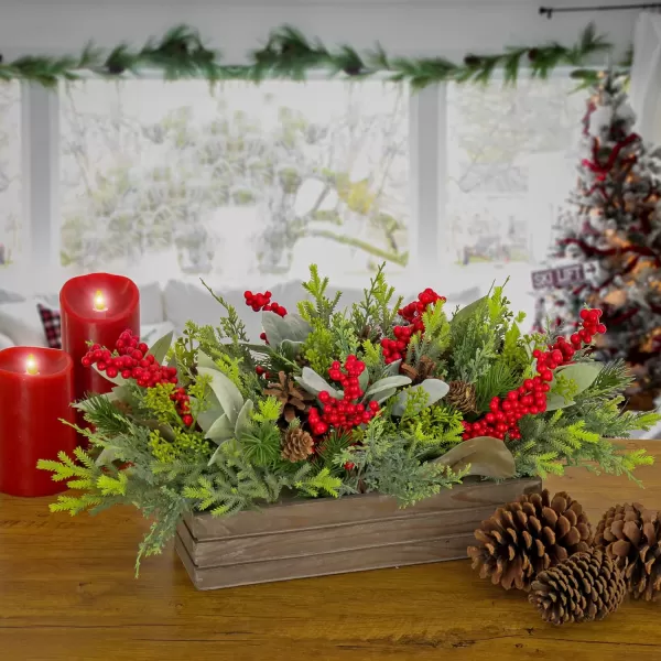 National Tree Company HGTV Home Collection Artificial Christmas Plant Arrangement Mixed Branch Tips Decorated with Green Leaves Red Berry Clusters Pine Cones Includes Wooden Base 12 InchesNational Tree Company HGTV Home Collection Artificial Christmas Plant Arrangement Mixed Branch Tips Decorated with Green Leaves Red Berry Clusters Pine Cones Includes Wooden Base 12 Inches