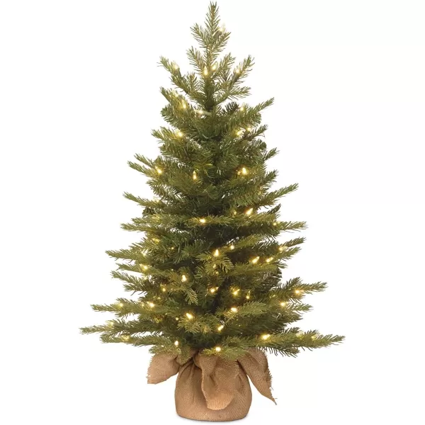 National Tree Company PreLit Feel Real Artificial Mini Christmas Tree Green Nordic Spruce White Lights Includes Burlap Bag Base 3 Feet3 ft Tree  Christmas Tree 2 ft