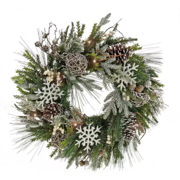 HGTV Home Collection Pre Lit Artificial Christmas Wreath Mixed Branch Tips Decorated with Pinecones Berries Snowflakes and Ornaments Battery Powered 28 InchesHGTV Home Collection Pre Lit Artificial Christmas Wreath Mixed Branch Tips Decorated with Pinecones Berries Snowflakes and Ornaments Battery Powered 28 Inches