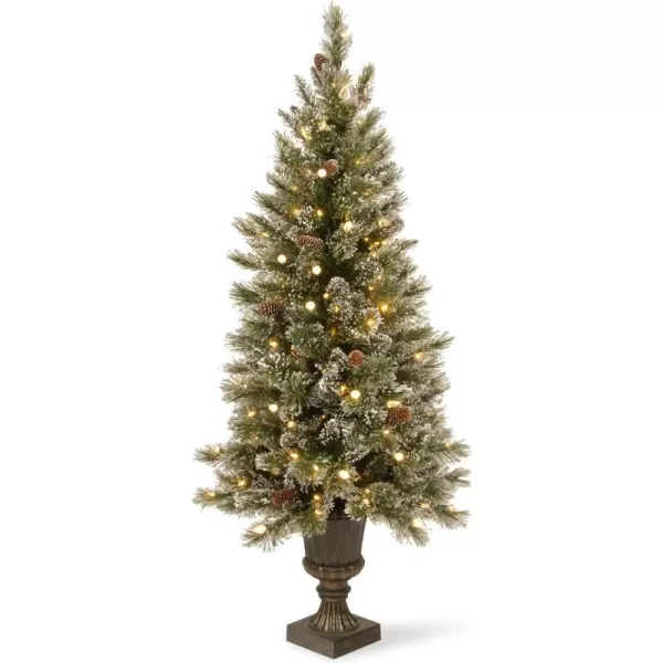 National Tree 4 Foot Glittery Bristle Pine Entrance Tree with White Tipped Cones Glitter and 100 Clear LED Lights in Decorative Bronze Urn GB332640National Tree 4 Foot Glittery Bristle Pine Entrance Tree with White Tipped Cones Glitter and 100 Clear LED Lights in Decorative Bronze Urn GB332640