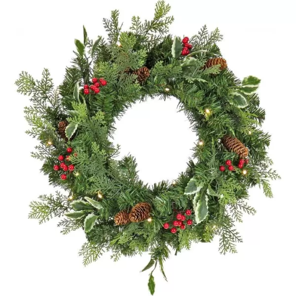 National Tree Company First Traditions PreLit Christmas Evergeen Wreath with Pinecones and Berries Warm White LED Lights Battery Operated 24 inNational Tree Company First Traditions PreLit Christmas Evergeen Wreath with Pinecones and Berries Warm White LED Lights Battery Operated 24 in