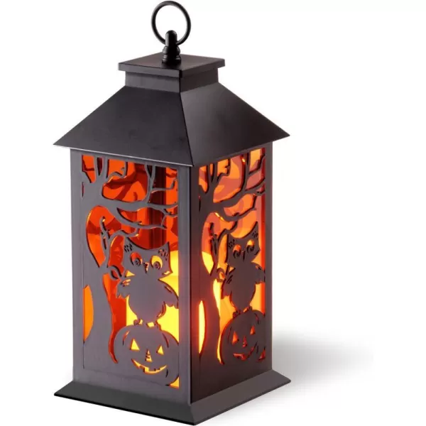 National Tree Company Halloween Lantern with LED Lights Carved Images of Owls Pumpkins Leafless Trees  12 inchesNational Tree Company Halloween Lantern with LED Lights Carved Images of Owls Pumpkins Leafless Trees  12 inches