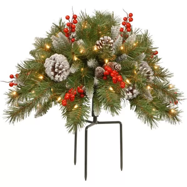 National Tree Company National Tree 18 Inch Frosted Urn Filler with Cones Red Berries Tripod Stake and 35 Warm White Battery Operated LED Lights with Timer FRB30018UB 18Timers