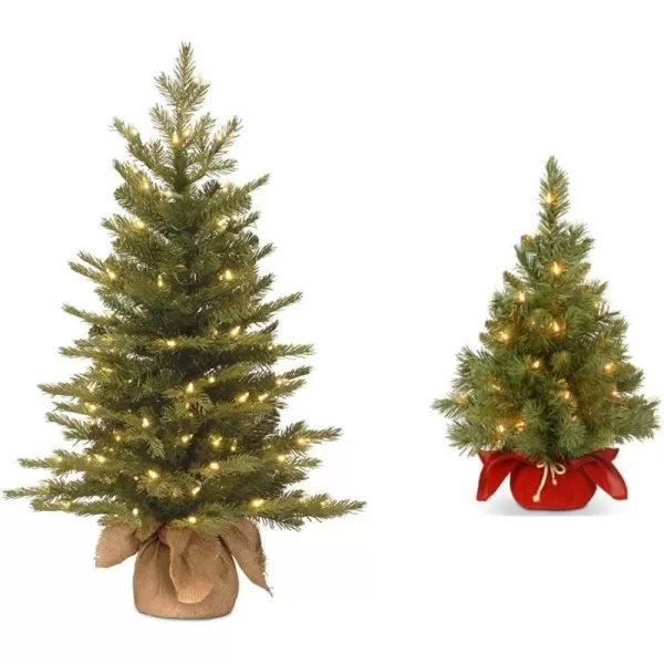 National Tree Company PreLit Feel Real Artificial Mini Christmas Tree Green Nordic Spruce White Lights Includes Burlap Bag Base 3 Feet3 ft Tree  Christmas Tree 2 ft