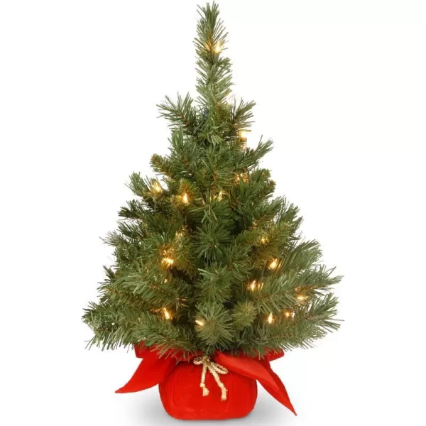 National Tree Company Prelit Artificial Mini Christmas Tree  Includes Small Lights and Cloth Bag Base  Majestic Fir  2 ftPlug In wRed Bag Tree