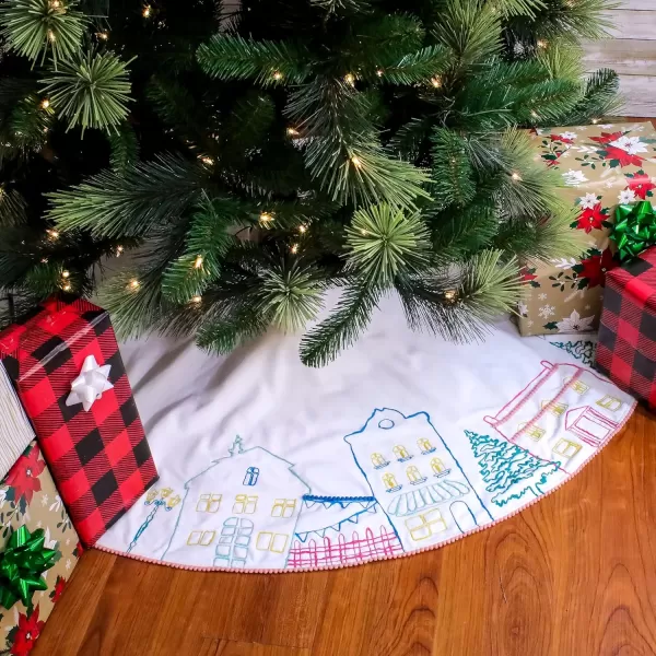 HGTV Home Collection Village Scene Embroidered Tree Skirt Fabric Cotton Velvet White 52 inHGTV Home Collection Village Scene Embroidered Tree Skirt Fabric Cotton Velvet White 52 in