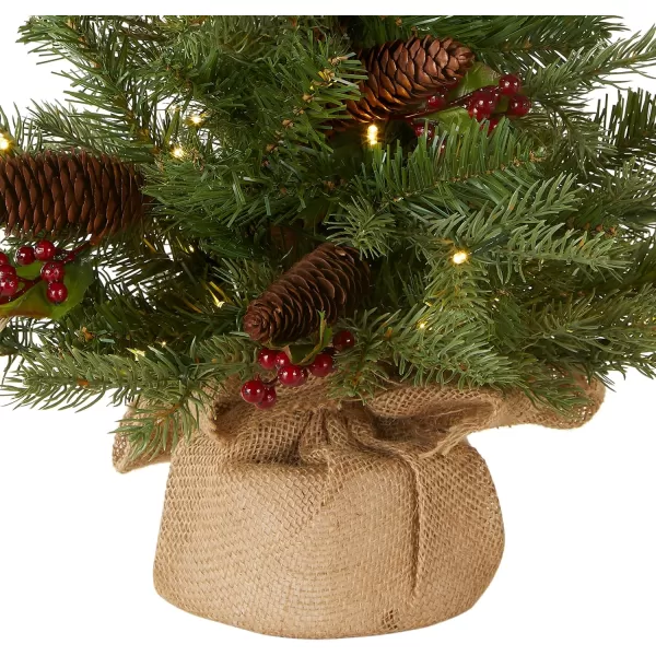 National Tree Company PreLit Feel Real Artificial Mini Christmas Tree Green Nordic Spruce White Lights Flocked with Pine Cones Red Berries Includes Burlap Bag Base 3 Feet2 ft