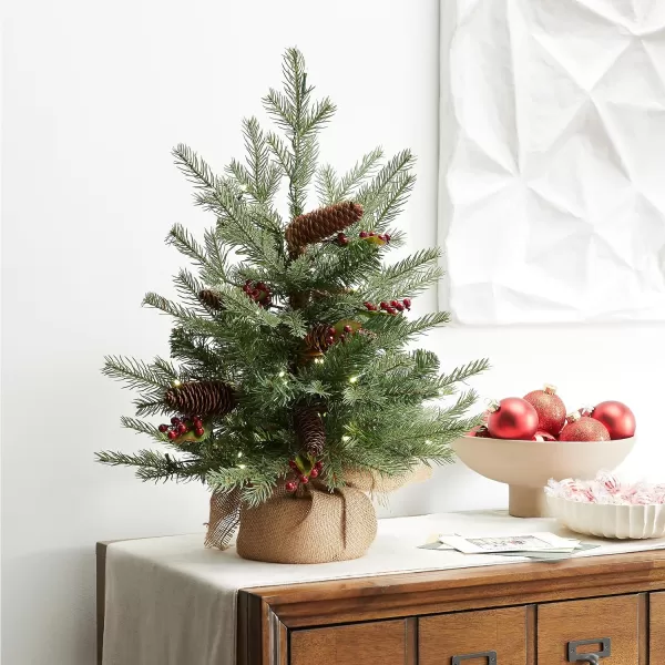 National Tree Company PreLit Feel Real Artificial Mini Christmas Tree Green Nordic Spruce White Lights Flocked with Pine Cones Red Berries Includes Burlap Bag Base 3 Feet2 ft