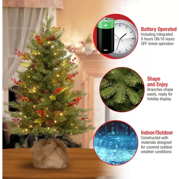 National Tree Company PreLit Feel Real Artificial Mini Christmas Tree Green Nordic Spruce White Lights Flocked with Pine Cones Red Berries Includes Burlap Bag Base 3 Feet3 ft