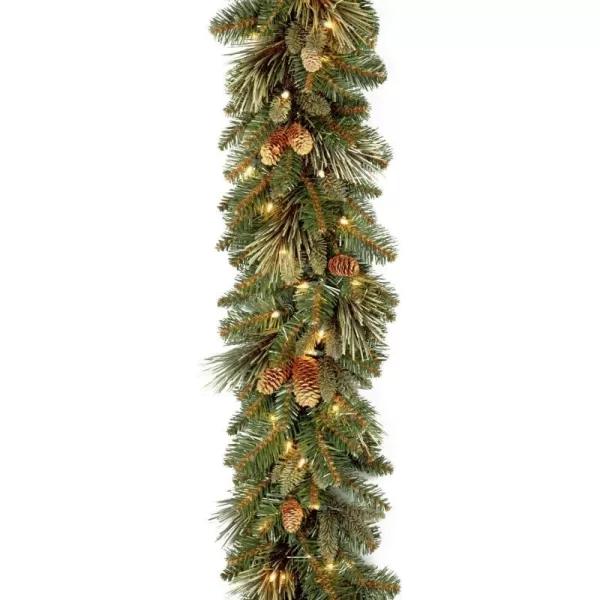 National Tree Company PreLit Artificial Christmas Garland Green Carolina Pine White Lights Decorated with Pine Cones Battery Operated Christmas Collection 9 FeetBattery Operated Tree