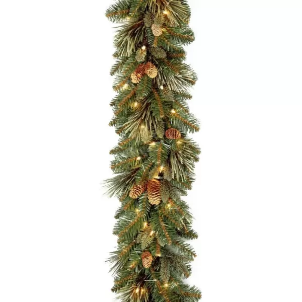 National Tree Company PreLit Artificial Christmas Garland Green Carolina Pine White Lights Decorated with Pine Cones Battery Operated Christmas Collection 9 Feet100 lights Tree