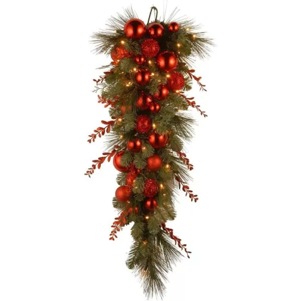 National Tree Company PreLit Artificial Christmas Wreath Green Evergreen White Lights Decorated with Ball Ornaments Red Sprigs Christmas Collection 24 Inches36Inch Christmas Red Mixed Teardrop