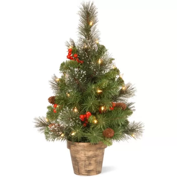 National Tree Company PreLit Artificial Mini Christmas Tree Green Crestwood Spruce White Lights Decorated with Pine Cones Berry Clusters Frosted Branches Includes Pot Base 2 FeetPlug In