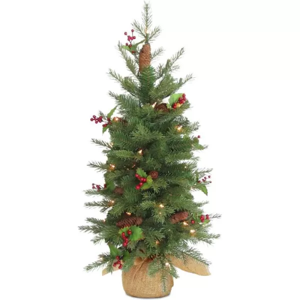 National Tree Company PreLit Feel Real Artificial Mini Christmas Tree Green Nordic Spruce White Lights Flocked with Pine Cones Red Berries Includes Burlap Bag Base 3 Feet3 ft