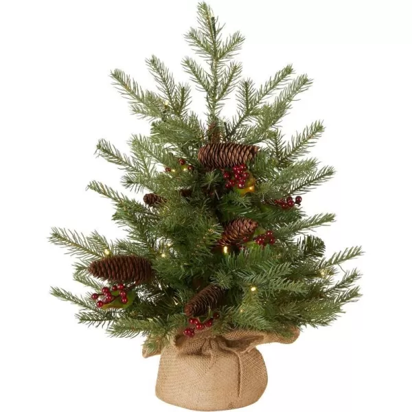 National Tree Company PreLit Feel Real Artificial Mini Christmas Tree Green Nordic Spruce White Lights Flocked with Pine Cones Red Berries Includes Burlap Bag Base 3 Feet2 ft