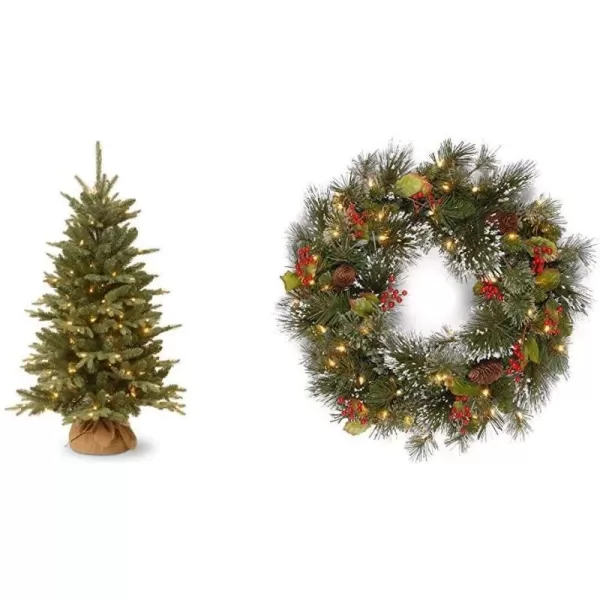 National Tree Company Prelit Artificial Mini Christmas Tree  Includes Small Lights and Cloth Bag Base  for Tabletop or Desk  Burlap4 ft 4 GreenTree  Wreath