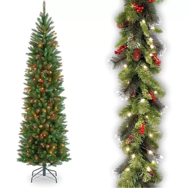 National Tree Company Artificial PreLit Slim Christmas Tree Green Kingswood Fir Multicolor Lights Includes Stand 65 FeetKingswood Fir Slim65 ft Christmas Tree  Christmas Garland 9 Feet