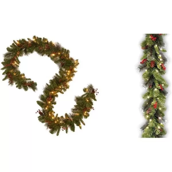 National Tree Company PreLit Artificial Christmas Garland Green Crestwood Spruce White Lights Decorated with Pine Cones Berry Clusters Plug In Christmas Collection 9 FeetBattery Operated Tree  Garland with Lights