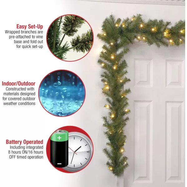 National Tree Company PreLit Artificial Christmas Garland Green Norwood Fir White Lights Battery Operated Christmas Collection 9 FeetBattery Operated