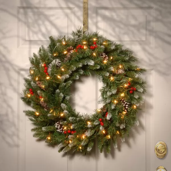 National Tree Company PreLit Artificial Christmas Wreath Green Frosted Berry White Lights Decorated with Pine Cones Berry Clusters Frosted Branches Christmas Collection 30 Inches30Inch White