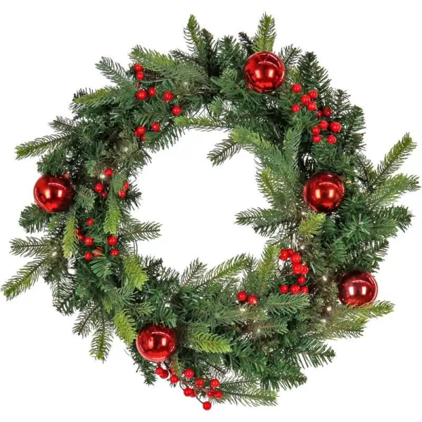 National Tree Company First Traditions PreLit Christmas Wreath with Red Ornaments and Berries Warm White LED Lights Battery Operated 24 inNational Tree Company First Traditions PreLit Christmas Wreath with Red Ornaments and Berries Warm White LED Lights Battery Operated 24 in