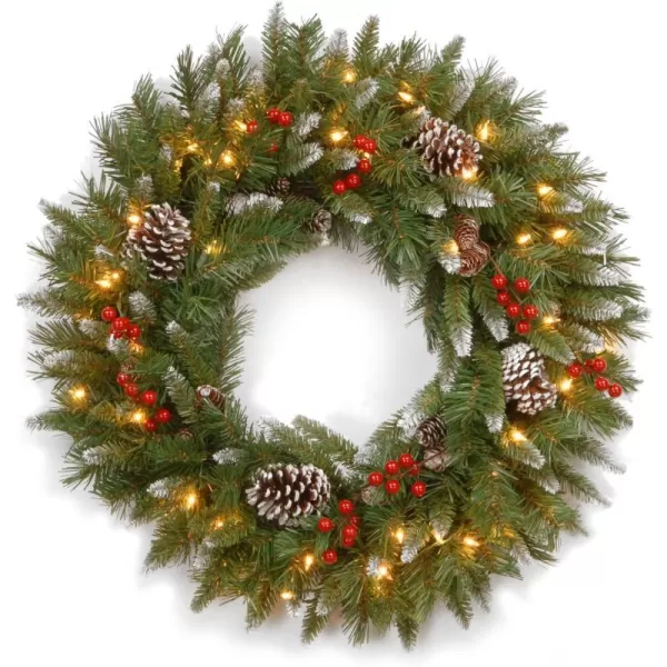 National Tree Company PreLit Artificial Christmas Wreath Green Frosted Berry White Lights Decorated with Pine Cones Berry Clusters Frosted Branches Christmas Collection 30 Inches30Inch White