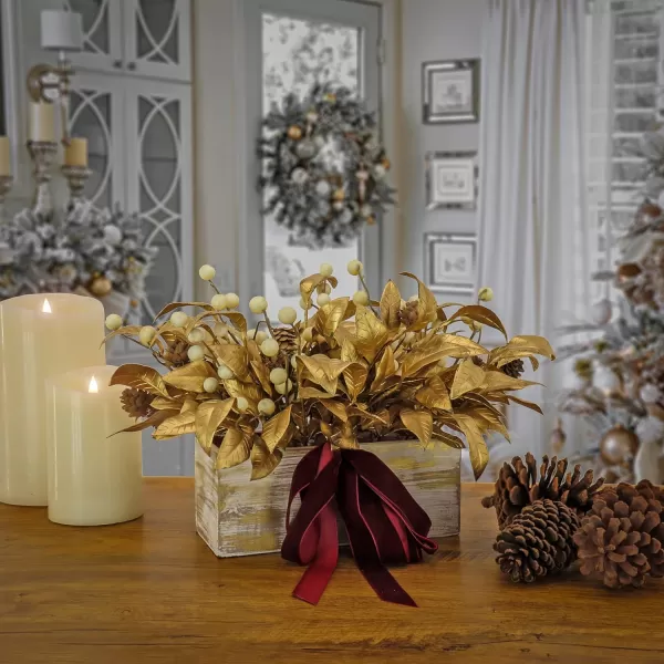 HGTV Home Collection Artificial Christmas Plant Arrangement Mixed Branch Tips Decorated with Golden Leaves Velvet Bow Berry Clusters Leafy Greens Pine Cones Includes Wooden Base 11 InchesHGTV Home Collection Artificial Christmas Plant Arrangement Mixed Branch Tips Decorated with Golden Leaves Velvet Bow Berry Clusters Leafy Greens Pine Cones Includes Wooden Base 11 Inches