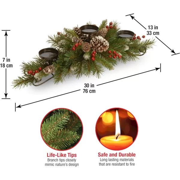 National Tree Company Artificial Christmas Centerpiece  Includes 3 Candle Holders Red Berries Pine Cones and Steal Base  Frosted Berry  30 InchCandleholder Sets