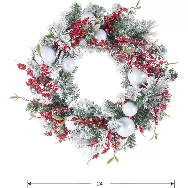 National Tree Company Artificial Christmas Wreath Green Evergreen Decorated with Frosted Branches Ball Ornaments Berry Clusters Christmas Collection 24 Inches24 Inch Red  White  Green