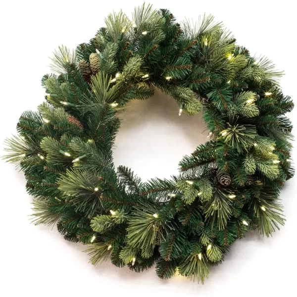 National Tree Company PreLit Artificial Christmas Wreath Green Carolina Pine White Lights Decorated with Pine Cones Christmas Collection 24 Inches30 in Battery Operated